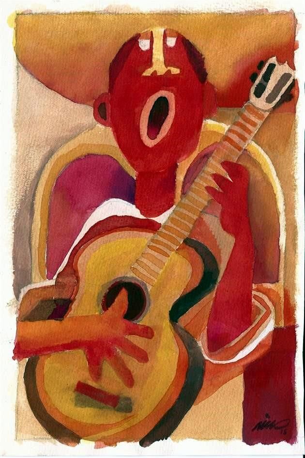 La exposición incluye piezas poco conocidas del caricaturista, como esta acuarela titulada 'Cantante' (2015).