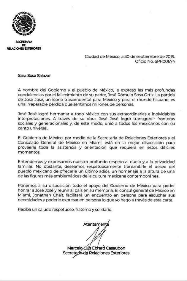 Marcelo Ebrard dirigió carta a Sara Sosa en la que expresó sus condolencias a nombre del Gobierno de México.