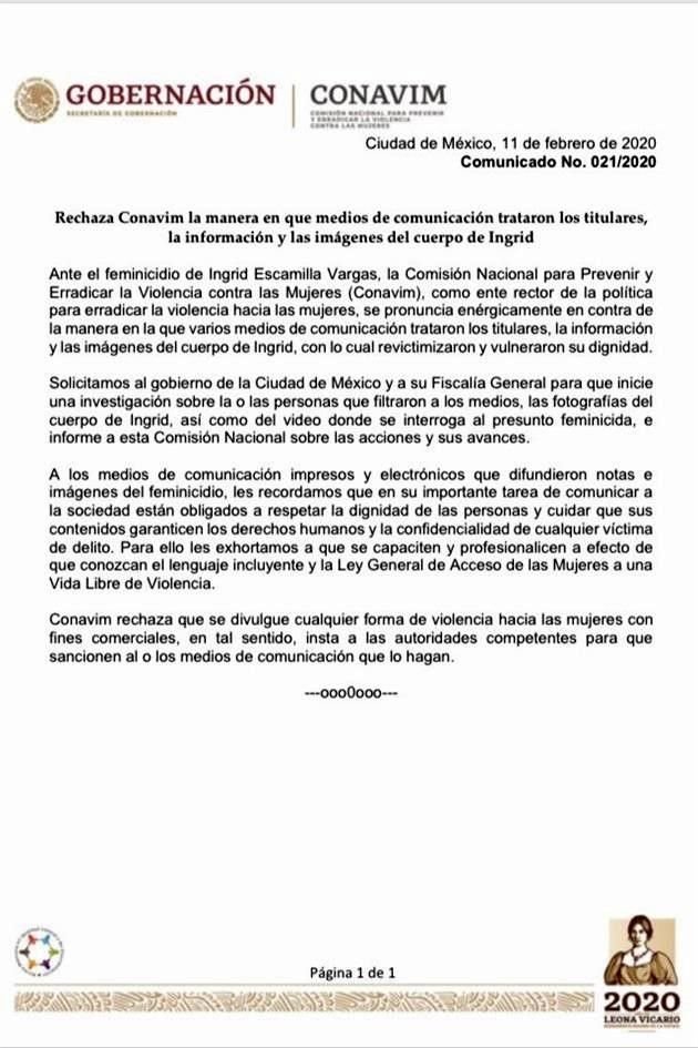 La Conavim condenó el tratamiento mediático que se le dio al feminicidio de Ingrid Escamilla.