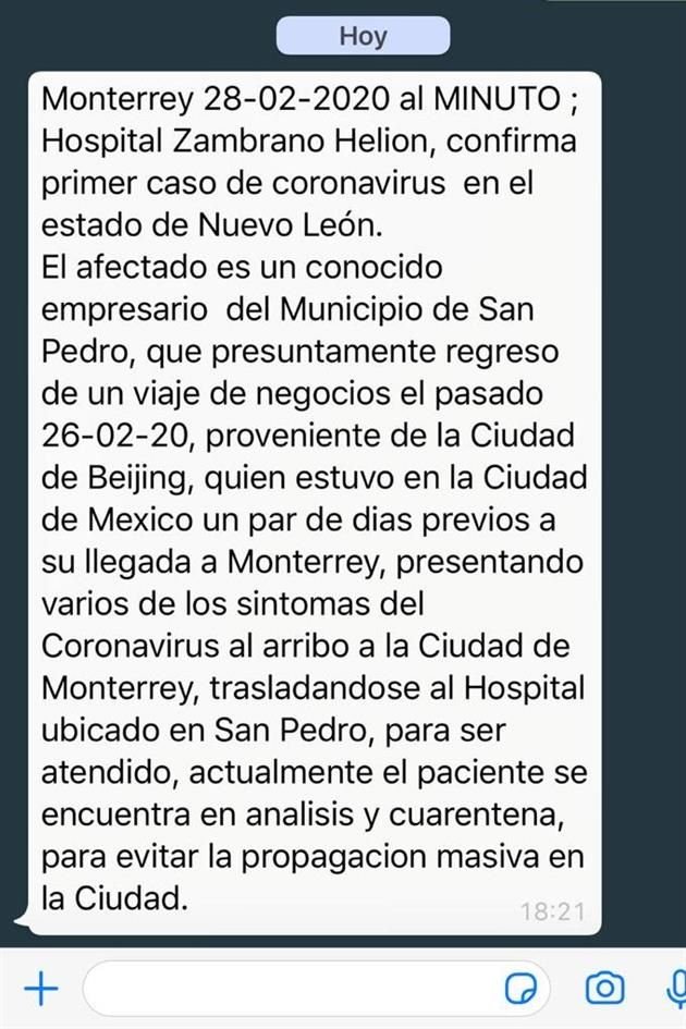 TecSalud asegura que el supuesto caso de coronavirus en el Hospital Zambrano Hellion que ha circulado en WhatsApp y redes sociales es falso.