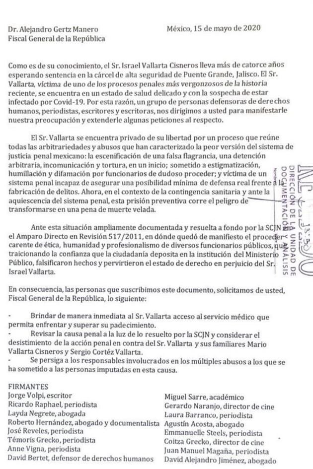 Entre quienes suscriben la petición se encuentran el escritor Jorge Volpi; los abogados y documentalistas Roberto Hernández y Layda Negrete; y los directores de cine Gerardo Naranjo y Coitza Grecko.