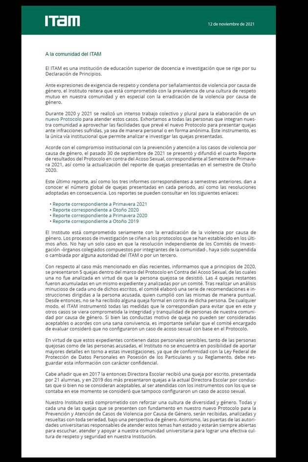 Ante las recientes quejas por causa de género, el ITAM dijo que las que se presenten con base en su protocolo serán atendidas con seriedad.