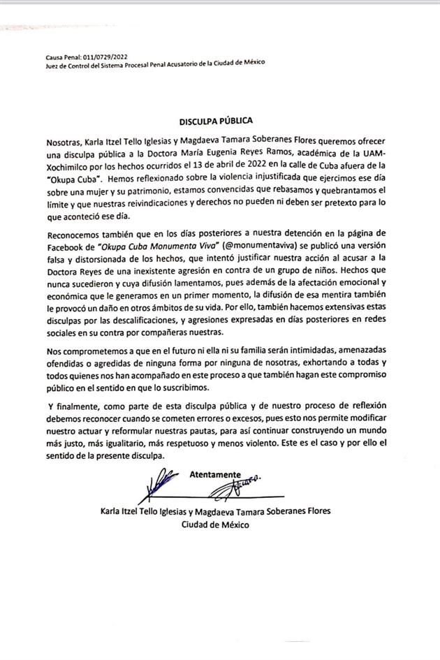 A través de una disculpa pública como parte del acuerdo reparatorio con Reyes Ramos confesaron su participación en los hechos en un documento publicado en redes sociales.