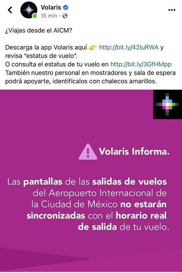 Volaris comenzó a informar por redes y app que los horarios que publica el AICM no estarán sincronizados con el horario real de salida de los vuelos.