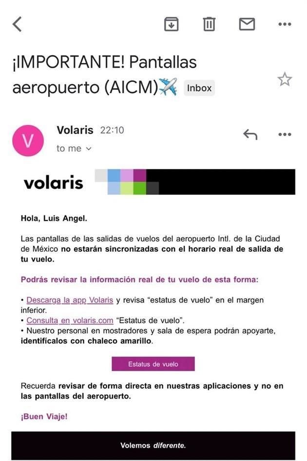 Volaris responde a viajero que su horario de salida no está sincronizado con lo que publica el AICM en sus pantallas.