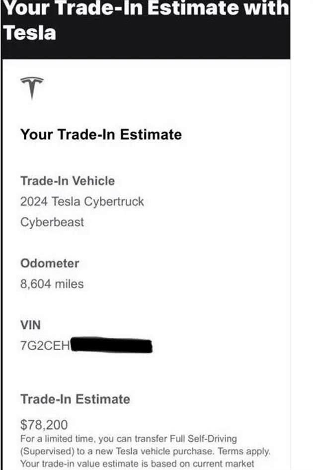 Captura de pantalla de la estimación que ofreció Tesla a un propietario por el canje de su Cybertruck.