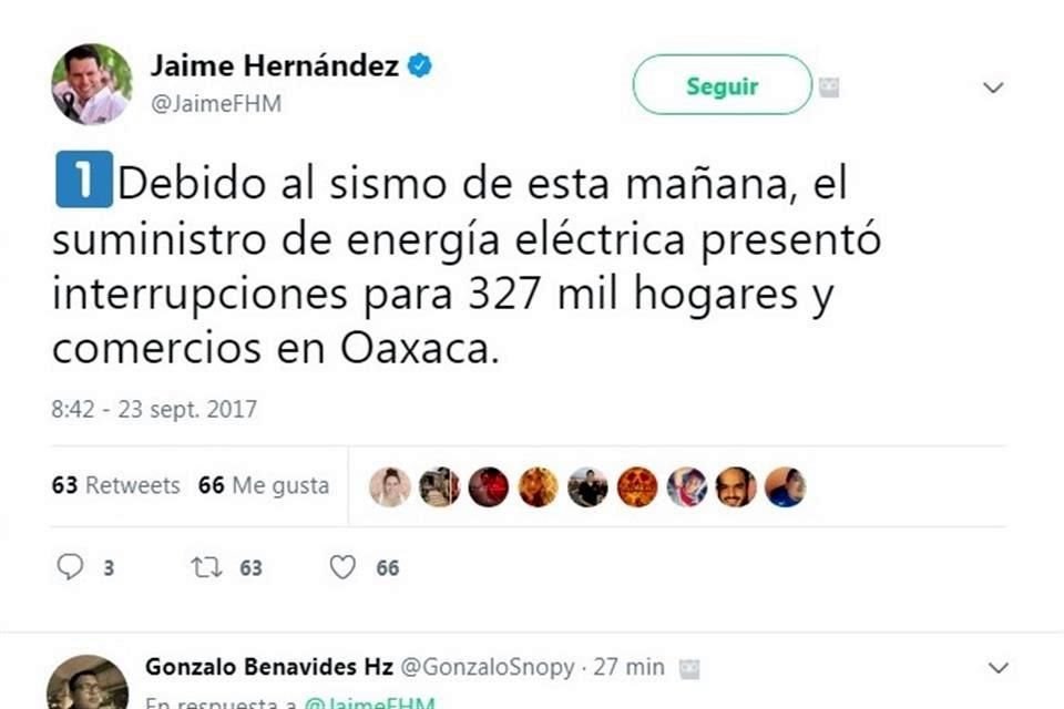 El director de CFE publicó su reporte sobre el impacto de sismo de esta mañana en Oaxaca.