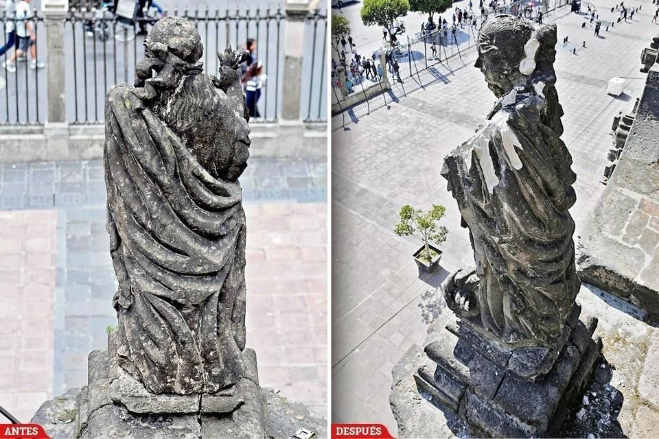 Escultura de Santa Catalina dañada por el desplome de la cruz del campanario oriente durante el 19S.