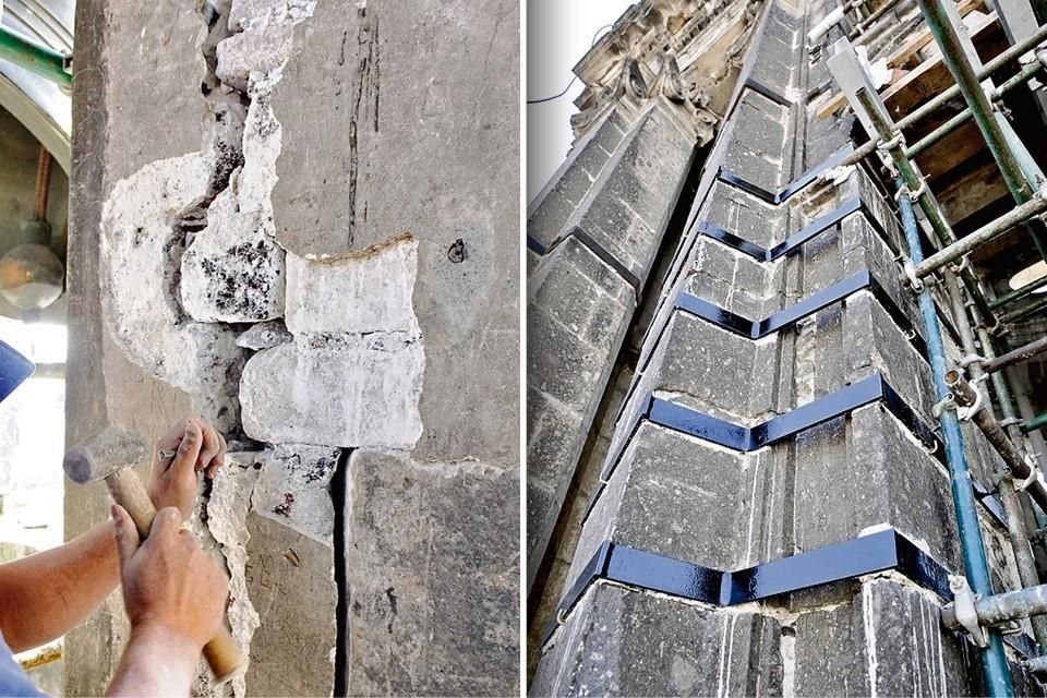 Afectaciones por el sismo en la torre del campanario. Ya se han colocado refuerzos de acero que contienen la piedra.