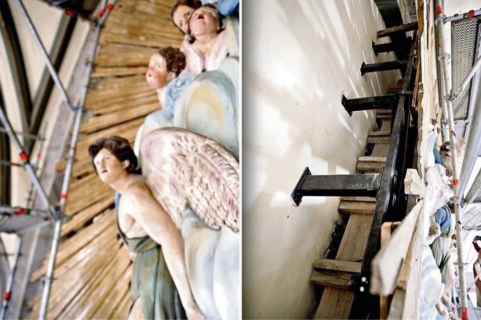 Separaciones en tablillas doradas que dan forma al resplandor de la Asunción de la Virgen. Se colocan soportes.