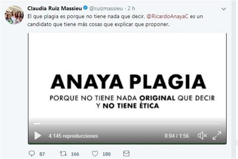 La Secretaria General del PRI, Claudia Ruiz Massieu, acusó a Ricardo Anaya, candidato presidencial de 'Por México al Frente', de plagiar fragmentos de una ponencia