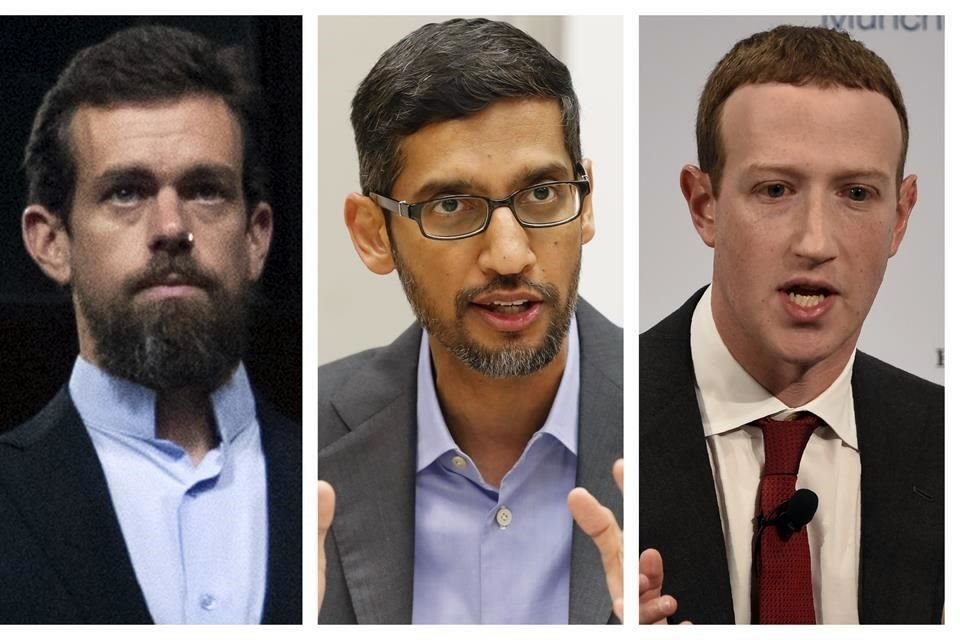 Jack Dorsey (izq.), CEO de Twitter, Sundar Pichai, de Google, y Mark Zuckerberg, director ejecutivo de Facebook, comparecen ante legisladores.