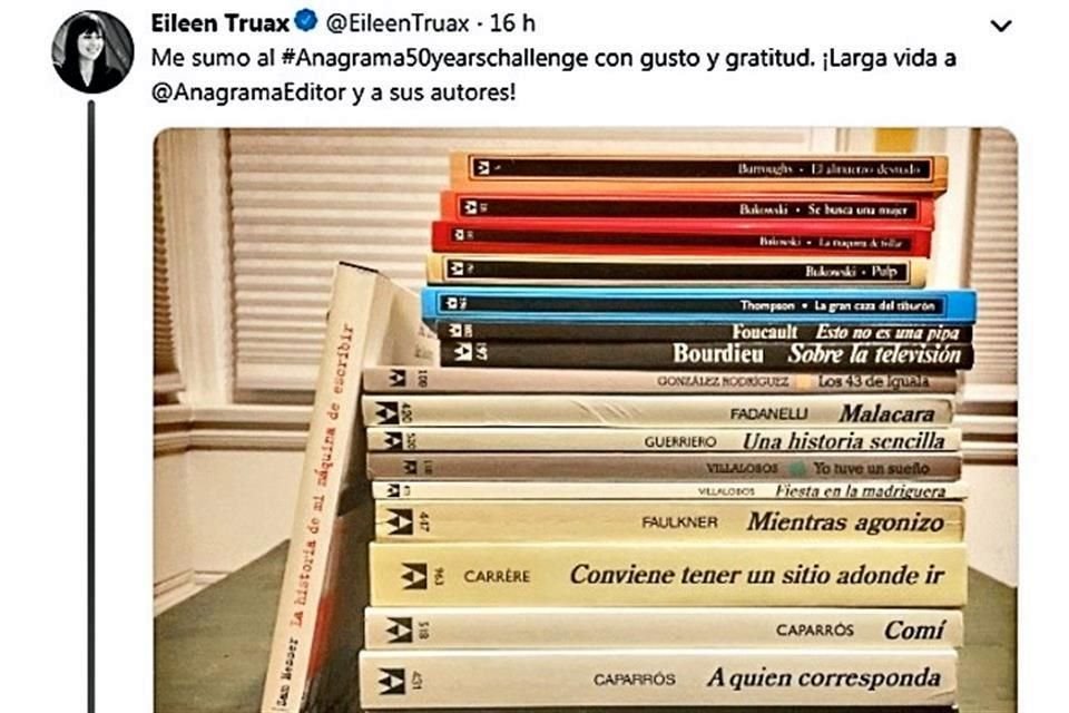 La escritora y cronista Eileen Truax compartió sus títulos favoritos de Anagrama.