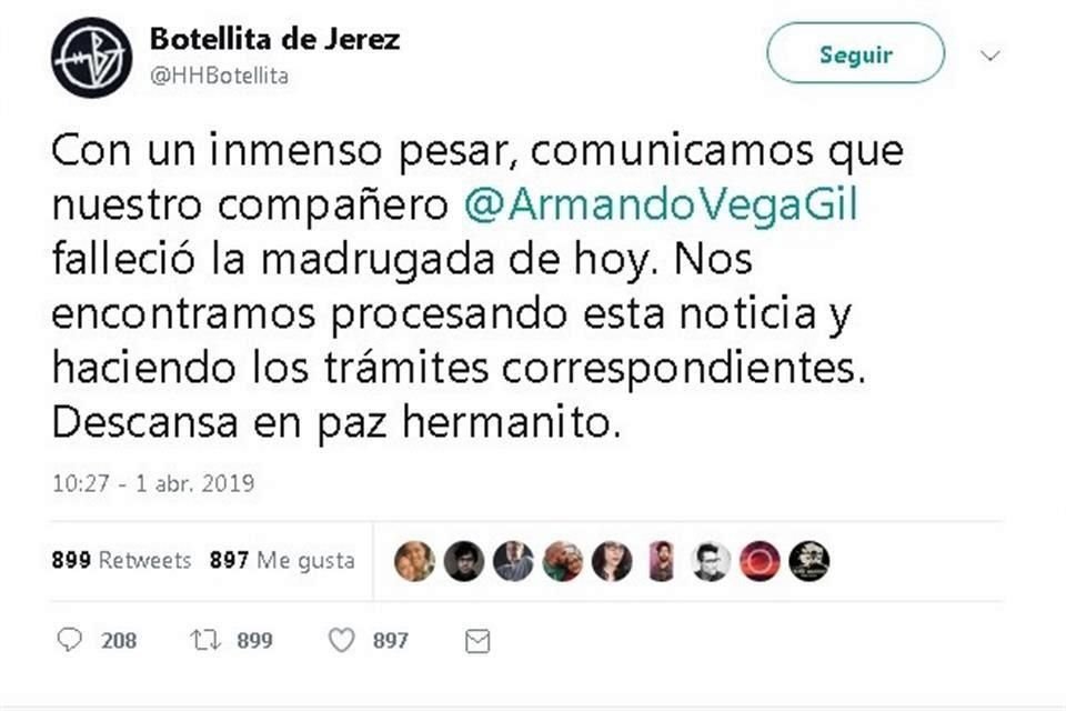 La agrupación informó en Twitter sobre la muerte de Armando Vega Gil la madrugada de este lunes.