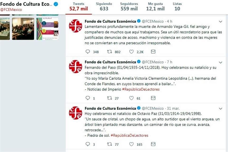 Aspectos de la cuenta oficial de Twitter del Fondo de Cultura Económica.