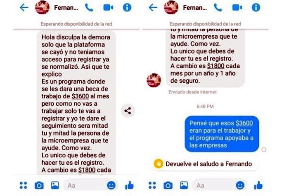 Diversos usuarios afirman que han sido contactados para vincularlos con empresas a cambio de un porcentaje del apoyo de 3 mil 600 contemplado.