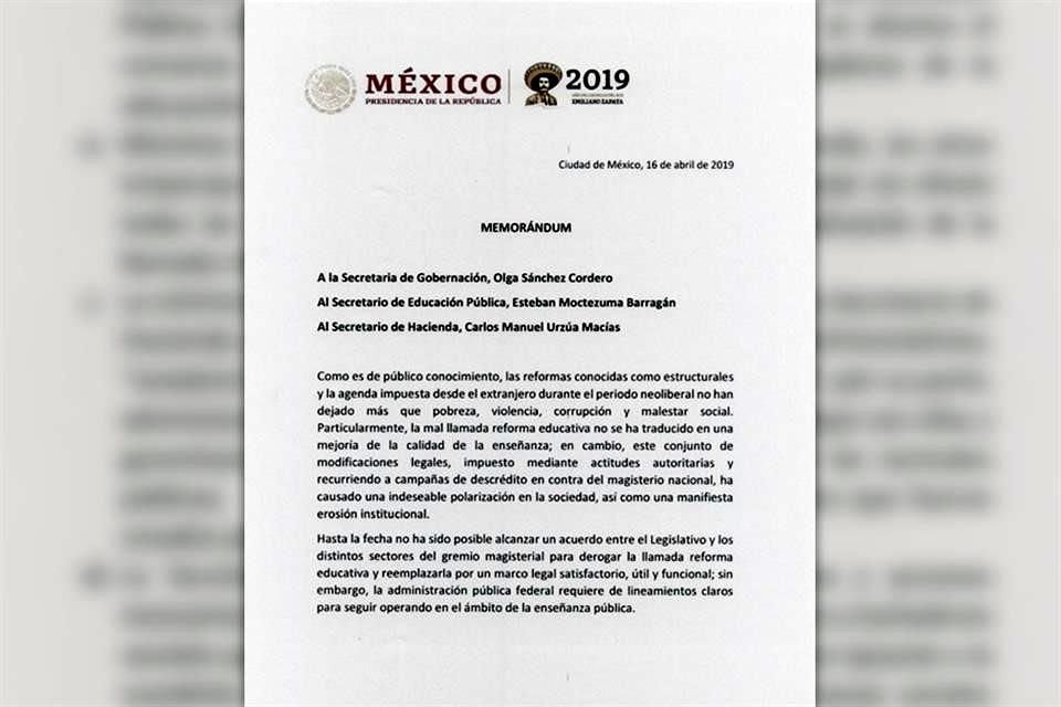 Este es el memorndum en que AMLO ordena a Segob, SEP y SHCP no aplicar la reforma educativa vigente.