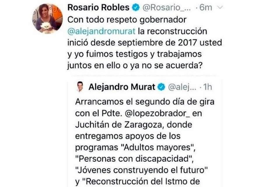 Rosario Robles citó un tuit del Gobernador de Oaxaca, Alejandro Murat.