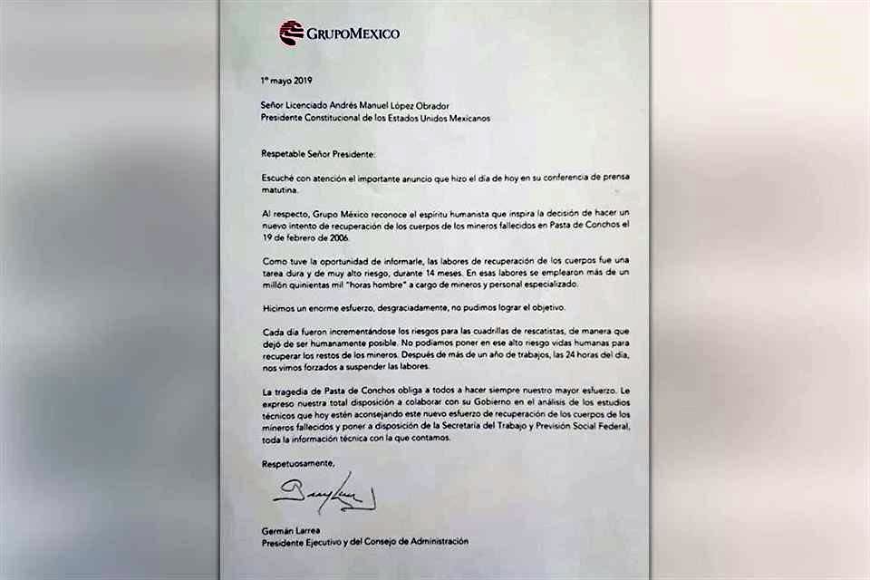 Carta enviada por Larrea a López Obrador.