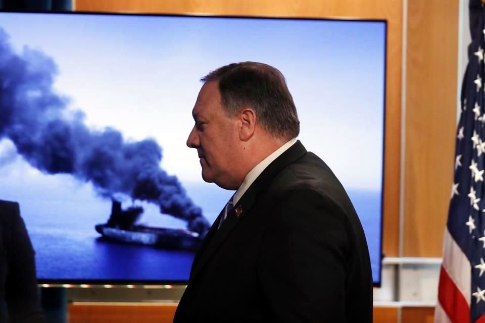 El Secretario de Estado de EU, Mike Pompeo, durante una conferencia de prensa sobre el incidente en el Golfo de Omán.