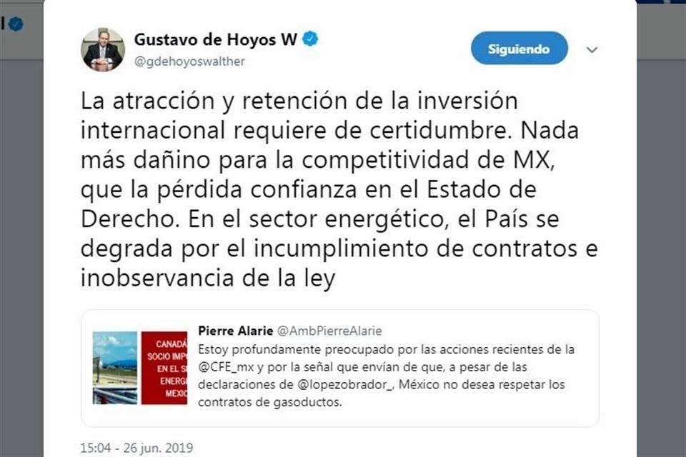 Luego que embajador canadiense informara que CFE 'no desea respetar' contratos, Coparmex dijo que País se degrada por incumplir con éstos.