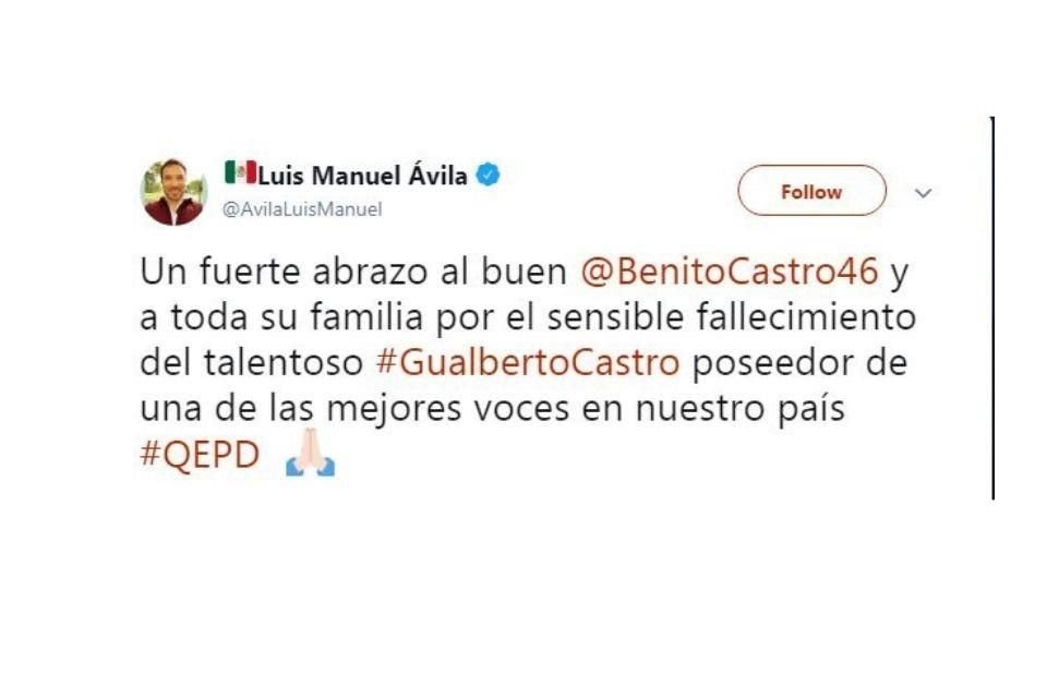 Un fuerte abrazo al buen @BenitoCastro46 y a toda su familia por el sensible fallecimiento del talentoso #GualbertoCastro, poseedor de una de las mejores voces en nuestro País #QEPD.