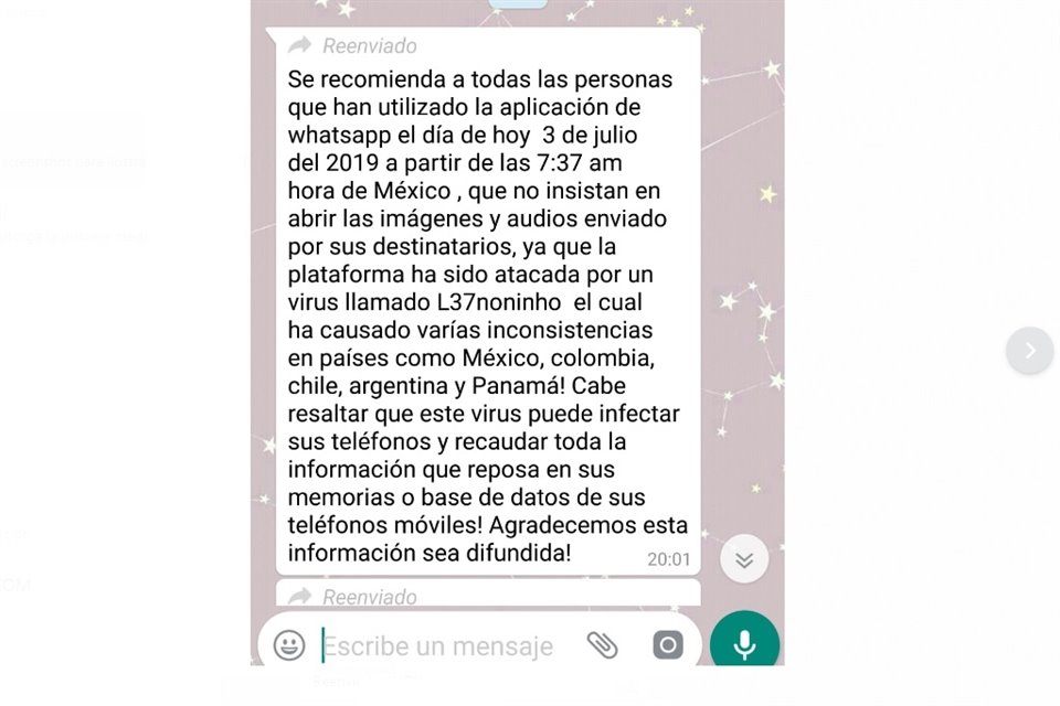 El mensaje advierte que fotos y audios que quedaron pendientes de descargar no deben ser recuperados, pues contienen un virus.