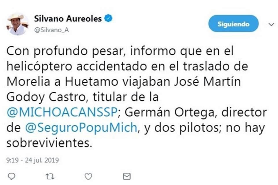 Gobernador de Michoacán confirmó muertes de titular de SSP estatal, José Martín Godoy, y de director de Seguro Popular local en accidente.