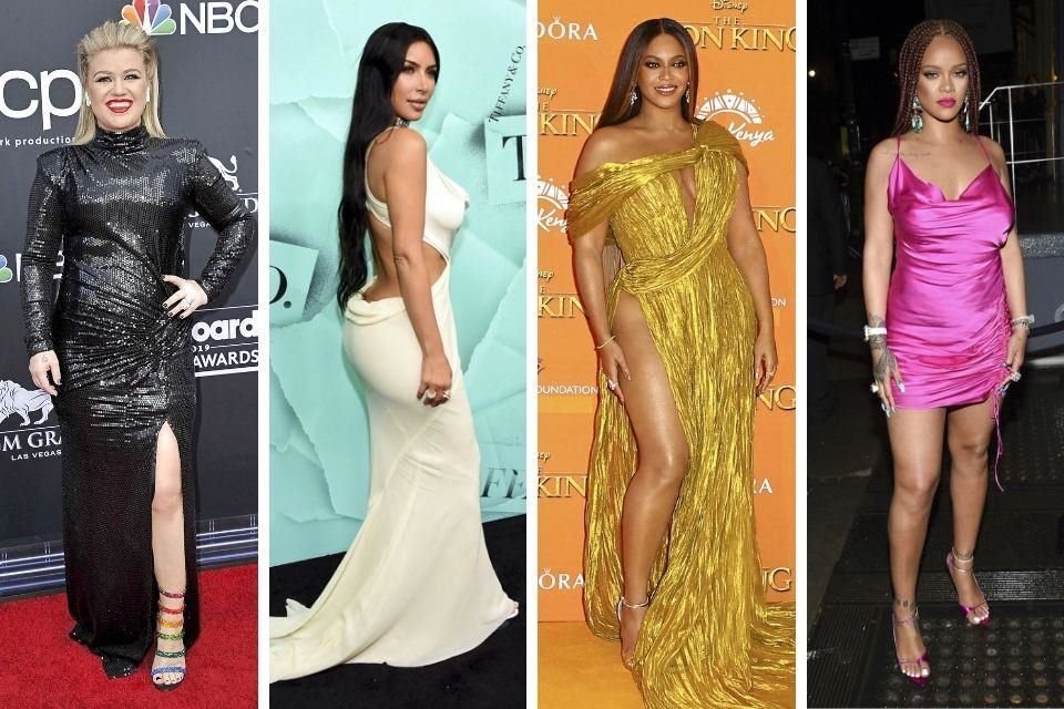 (IZQ. A DER.) Kelly Clarkson, Kim Kardashian, Beyoncé y Rihanna siempre han presumido de sus curvilíneas.