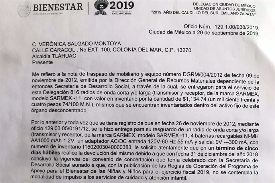 La carta, con el logotipo de la Secretaría de Bienestar, indica que el aparato deberá entregarse en las condiciones en las que se encuentre.