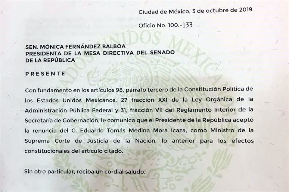 Notificación de la Segob al Senado.
