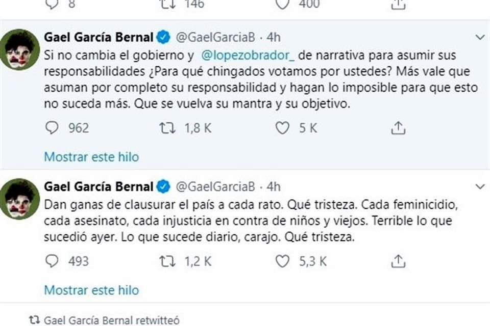 Vía Twitter, Gael García Bernal cuestionó al Gobierno de López Obrador tras la masacre de la familia LeBarón.