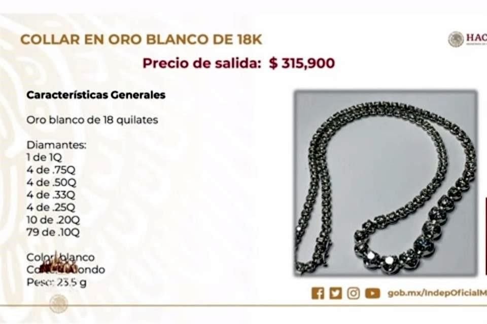 Entre las joyas que serán subastadas se encuentra un collar en oro blanco de 18 quilates con un precio de salida de 315 mil pesos.