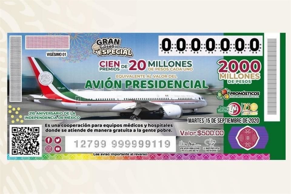 AMLO dijo que rifa del avión será el 15 de septiembre y ganadores recibirán dinero en efectivo; aeronave será resguardada en Fuerza Aérea.