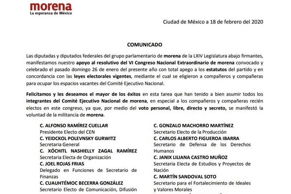 En el escrito, los diputados afirman que dicho congreso se realizó 'con total apego a los estatutos del partido y en concordancia con las leyes electorales vigentes'.