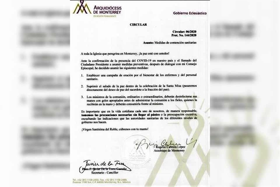 La Arquidiócesis de Monterrey difundió un comunicado con recomendaciones para prevenir la propagación del coronavirus.
