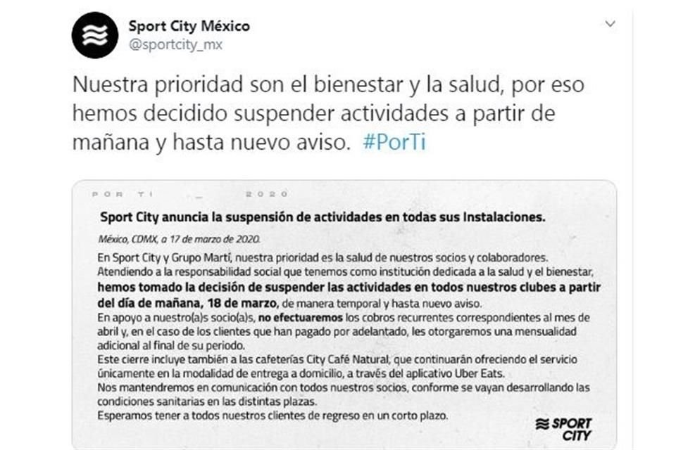 Sport City cerrará todos sus gimnasios de forma temporal a partir de este miércoles y hasta nuevo aviso, ante contingencia por coronavirus.