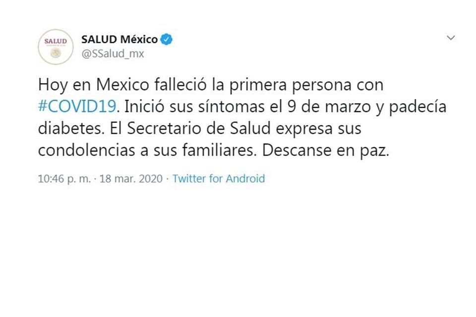 Falleció este miércoles el primer paciente por Covid-19 en México. 