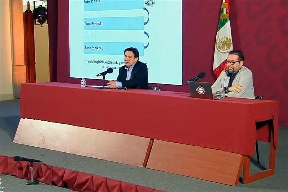 Gustavo Reyes Terán, titular de la Comisión Coordinadora de Institutos Nacionales de Salud, y Ricardo Cortés, director general de Promoción de la Salud, en conferencia de prensa.