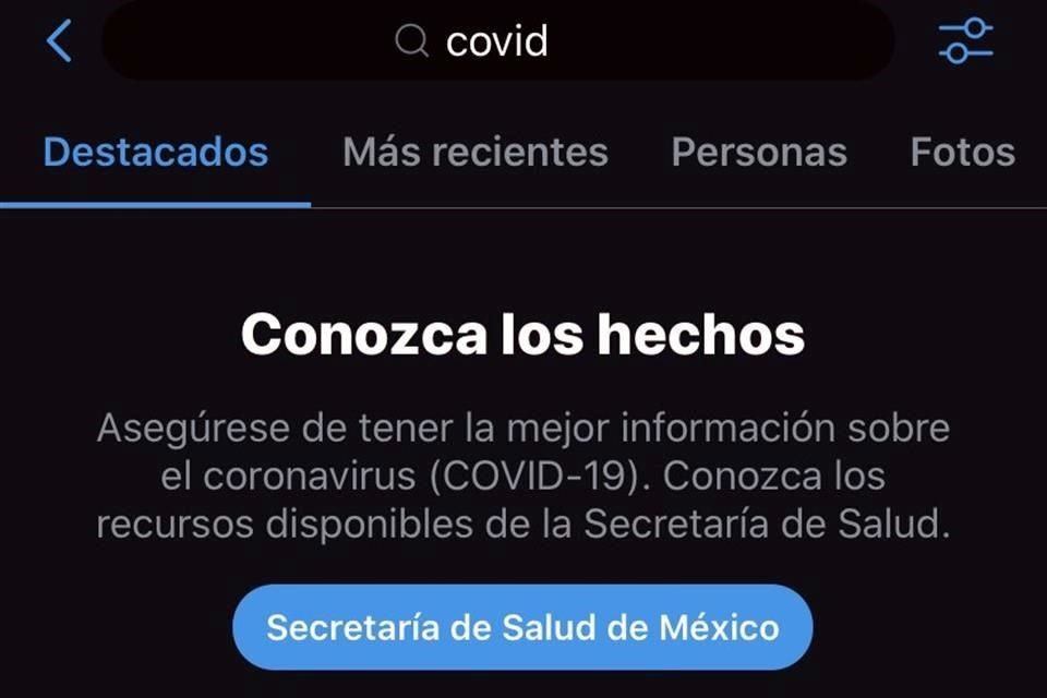 Al buscar algún término relacionado con Coronavirus dentro de Twitter, el primer resultado que se arroja es el perfil de la Secretaría de Salud y un botón que redirige a la página de la dependencia.