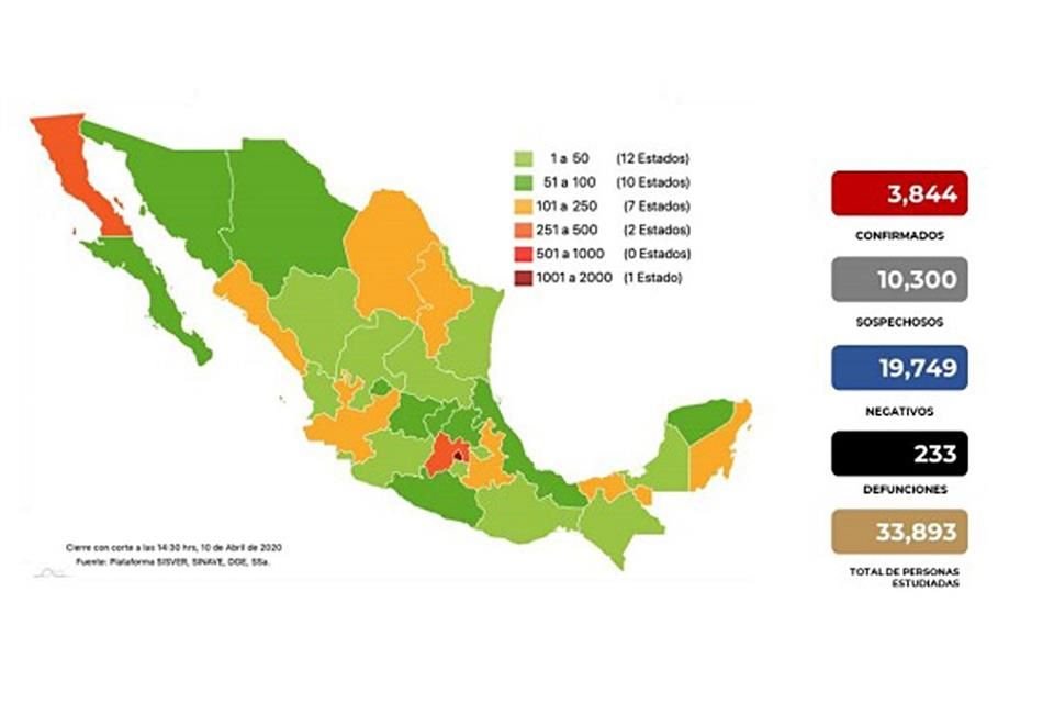 Mapa de México con los casos confirmados, negativos y sospechosos a COVID-19.