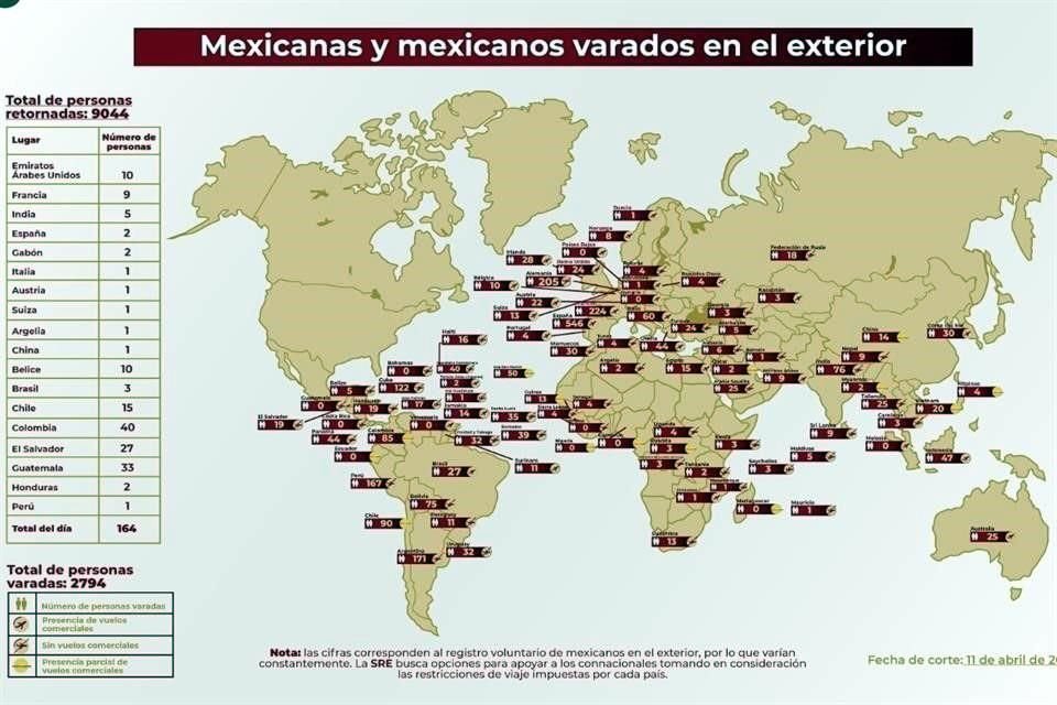 Mapa actualizado de la Cancillería de los mexicanos varados en el exterior.