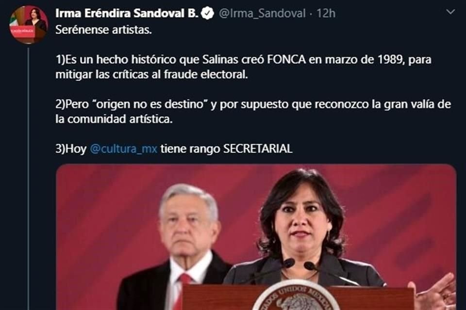 Ante las críticas recibidas por celebrar la desaparición del Fonca, la Secretaria Sandoval pidió a los artistas 'serenarse'.