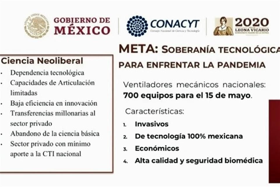 Esta diapositiva fue parte de la presentación de la titular de Conacyt durante la conferencia con las autoridades de salud.