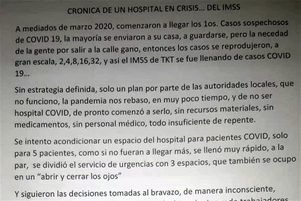 'No hay estrategia definida. La pandemia nos rebasó en muy poco tiempo', escribieron los trabajadores de la salud.