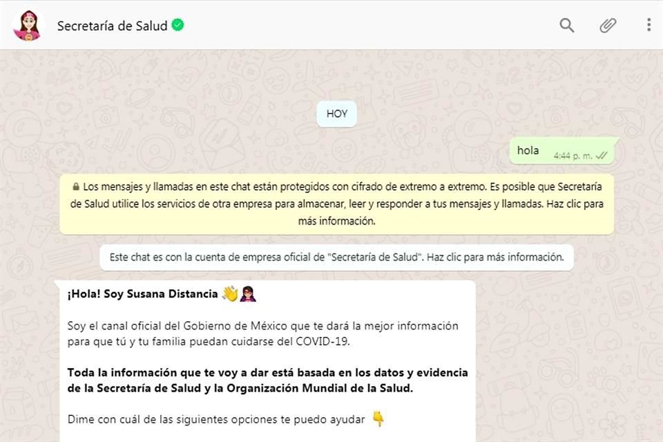 La iniciativa, llamada 'Mándale un Whats a Susana Distancia', además de informar y responder dudas sobre Covid-19, también busca identificar a personas con síntomas.