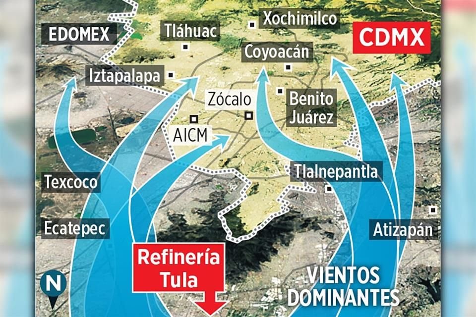 DE TULA A LA CAPITAL. Las emisiones de la Refinería de Pemex en Tula son traídas por el viento al Valle de México y son las causantes de buena parte de la contaminación en la CDMX.