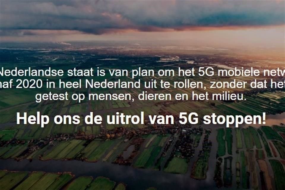 Mensaje de la portada de Stop5GNL en el que solicitan la suspensión de la subasta de las redes 5G en Holanda.