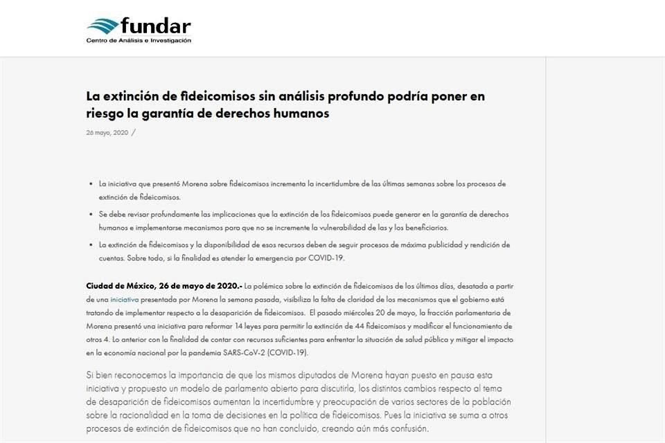 Fundar pidió a la SHCP y a la SFP informar sobre el resultado del proceso de los fideicomisos que ya fueron eliminados.