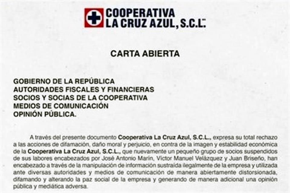 Esta es la carta que publicó la Cooperativa La Cruz Azul, S.C.L.